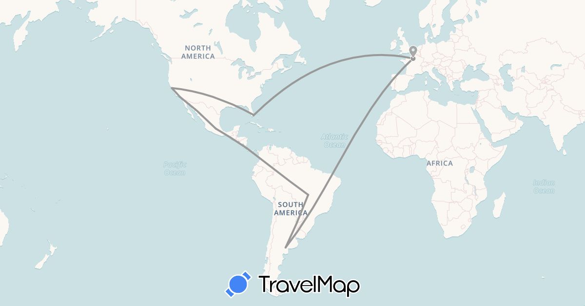 TravelMap itinerary: driving, plane in Argentina, Brazil, Costa Rica, France, Mexico, United States (Europe, North America, South America)